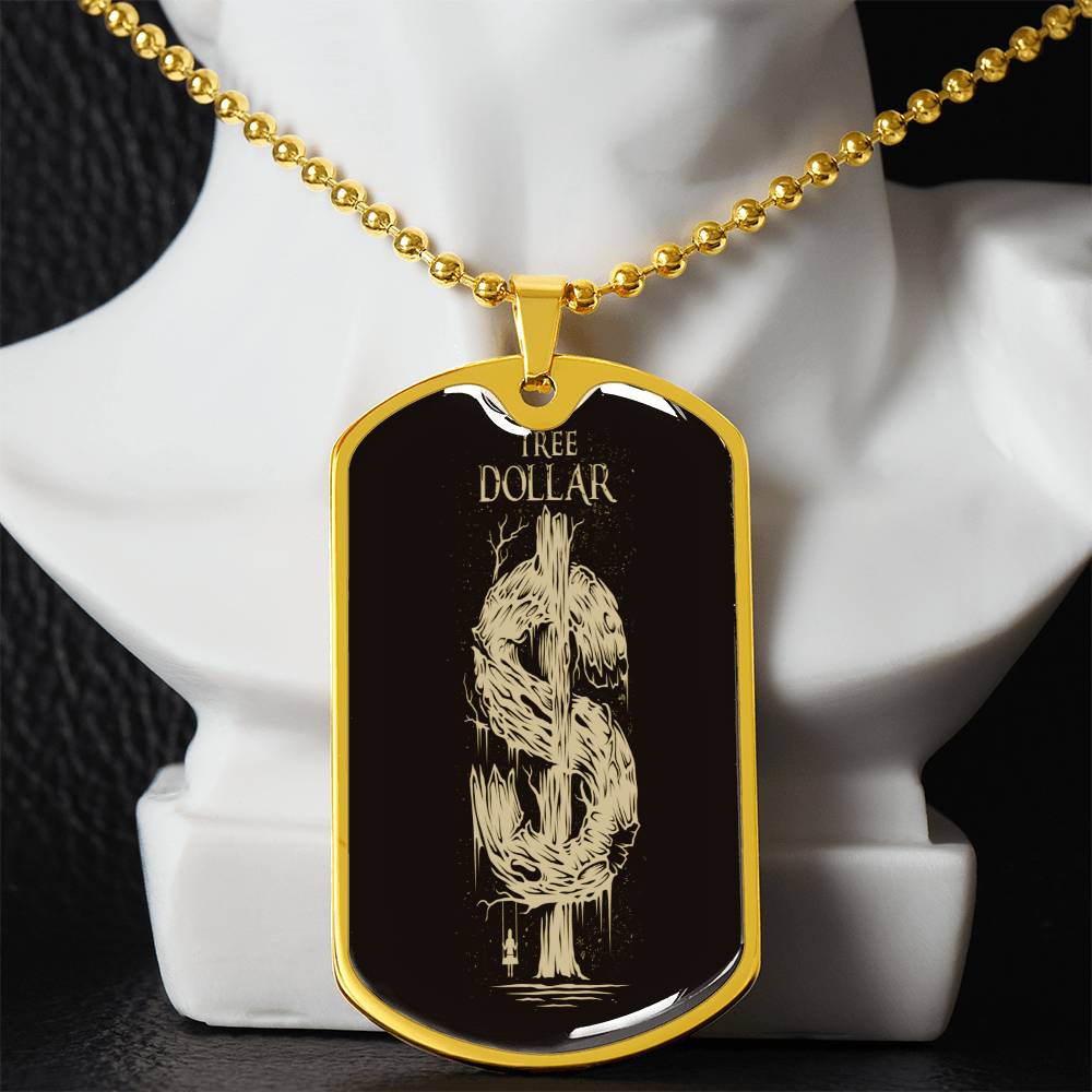 Gold Tree Dollar Sign - Dog Tag Necklace - The Shoppers Outlet