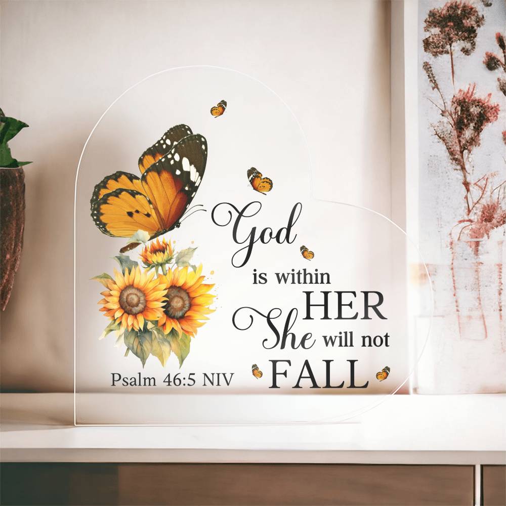 Faith - God Is Within Her She Will Not Fall - Psalm 46:5 NIV - Heart Acrylic Plaque - The Shoppers Outlet