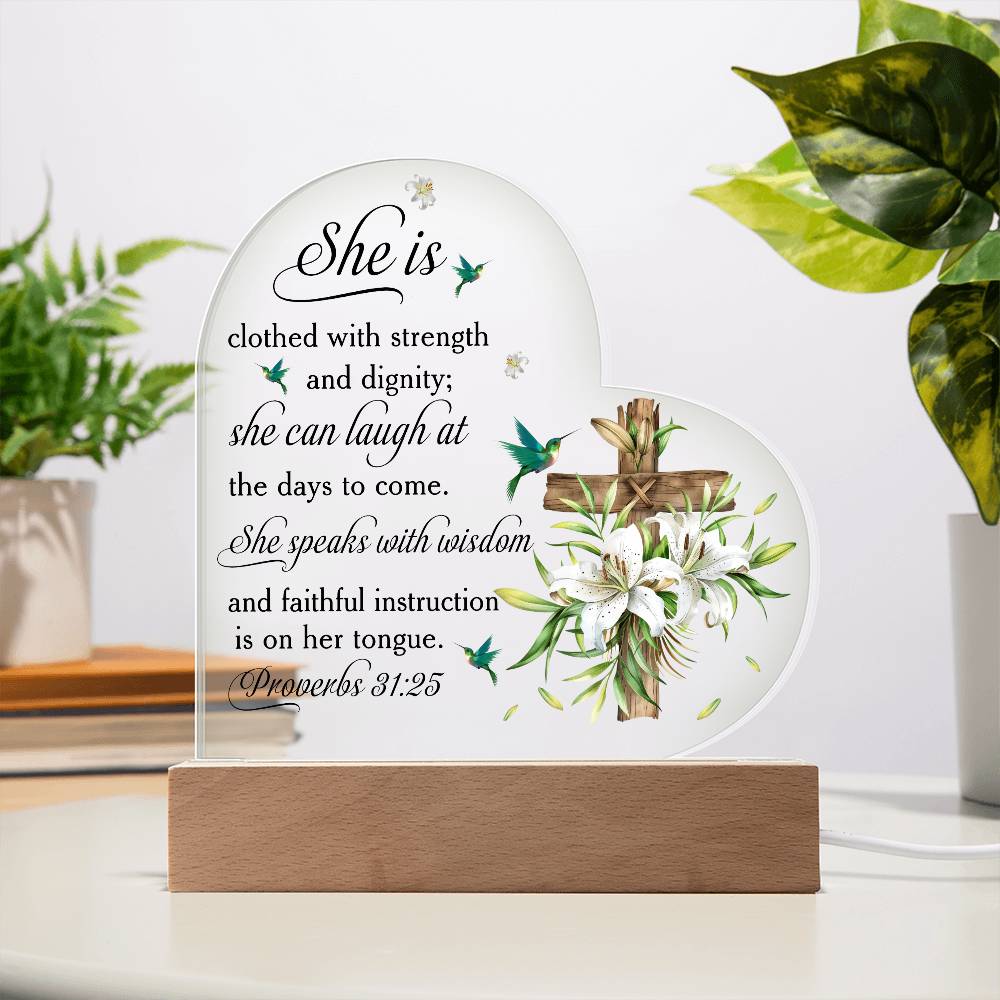 Faith - She Is Clothed And Dignity - Proverbs 31:25 - Heart Acrylic Plaque - The Shoppers Outlet