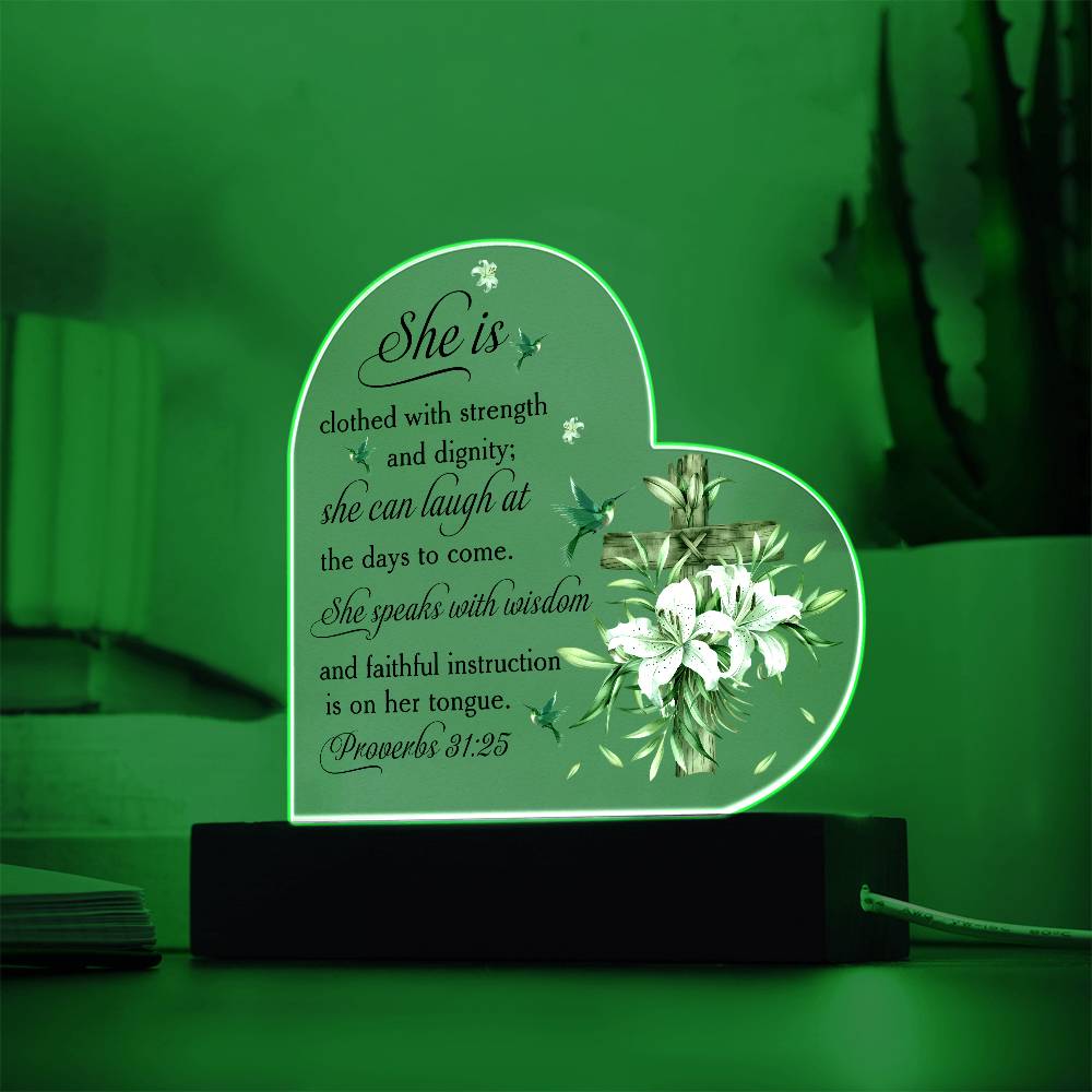 Faith - She Is Clothed And Dignity - Proverbs 31:25 - Heart Acrylic Plaque - The Shoppers Outlet