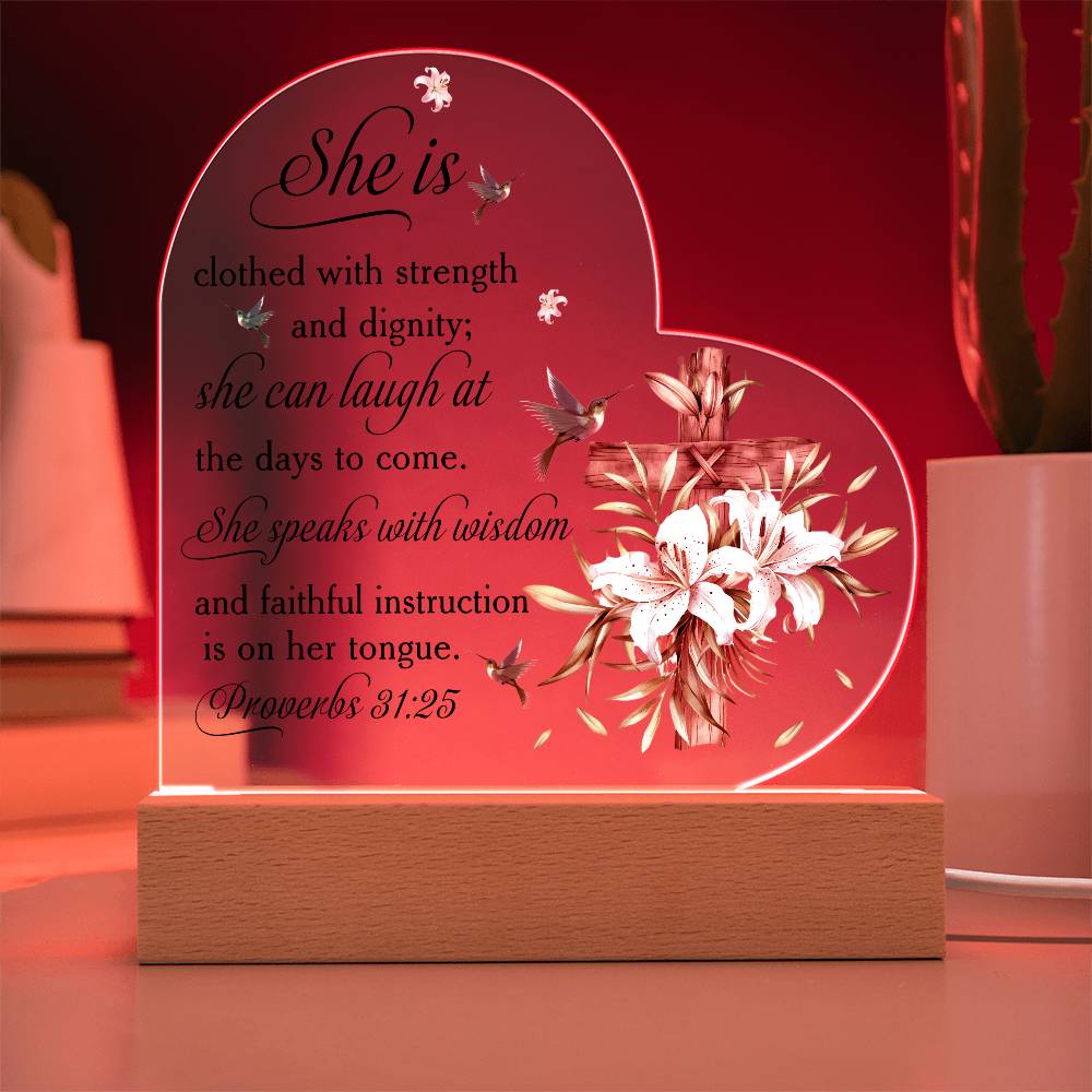 Faith - She Is Clothed And Dignity - Proverbs 31:25 - Heart Acrylic Plaque - The Shoppers Outlet