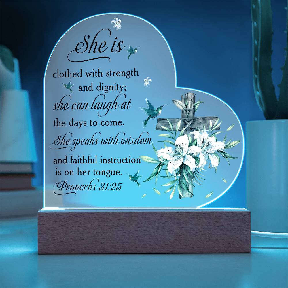 Faith - She Is Clothed And Dignity - Proverbs 31:25 - Heart Acrylic Plaque - The Shoppers Outlet