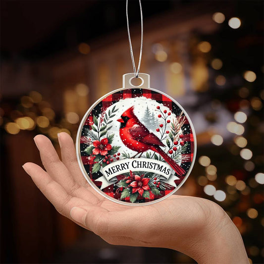 Holiday Ornament - Red Cardinal Merry Christmas - Personalized Acrylic Ornament - The Shoppers Outlet