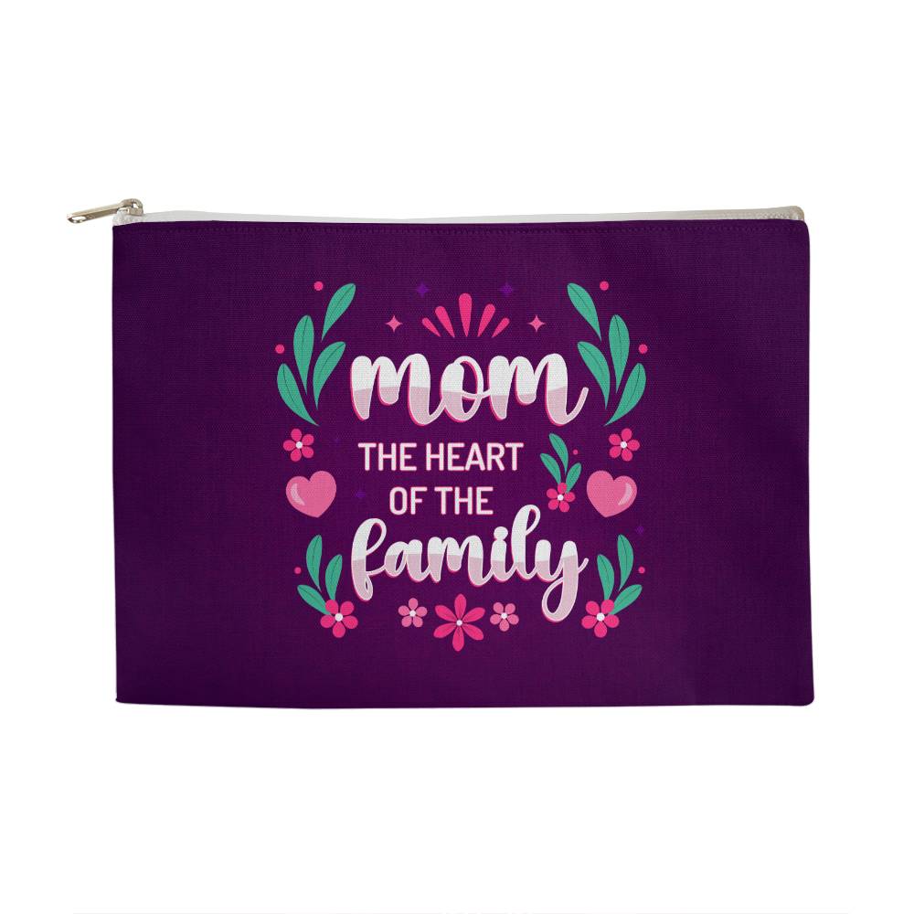 Mom - The Heart Of The Family - Large Fabric Zippered Pouch - The Shoppers Outlet