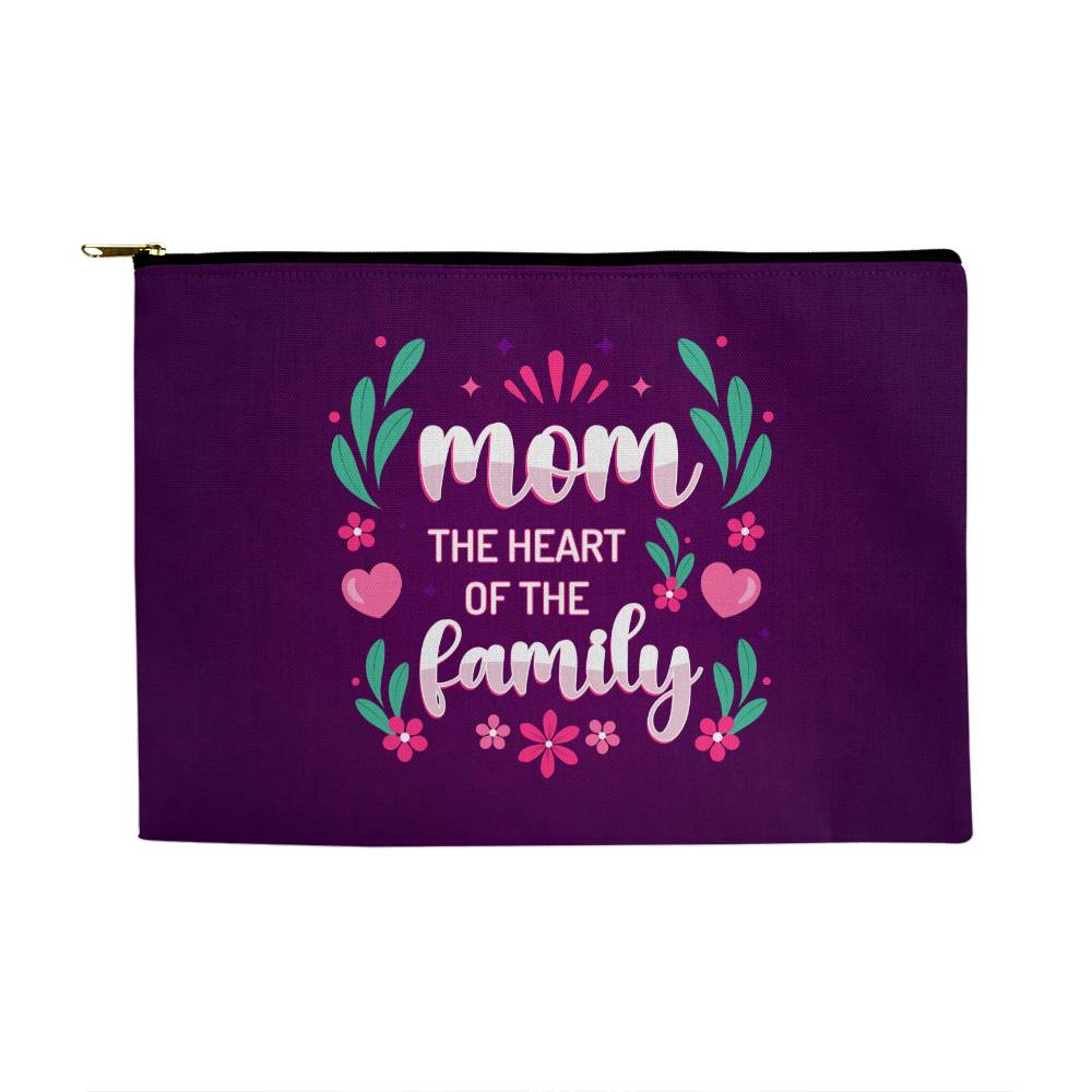 Mom - The Heart Of The Family - Large Fabric Zippered Pouch - The Shoppers Outlet