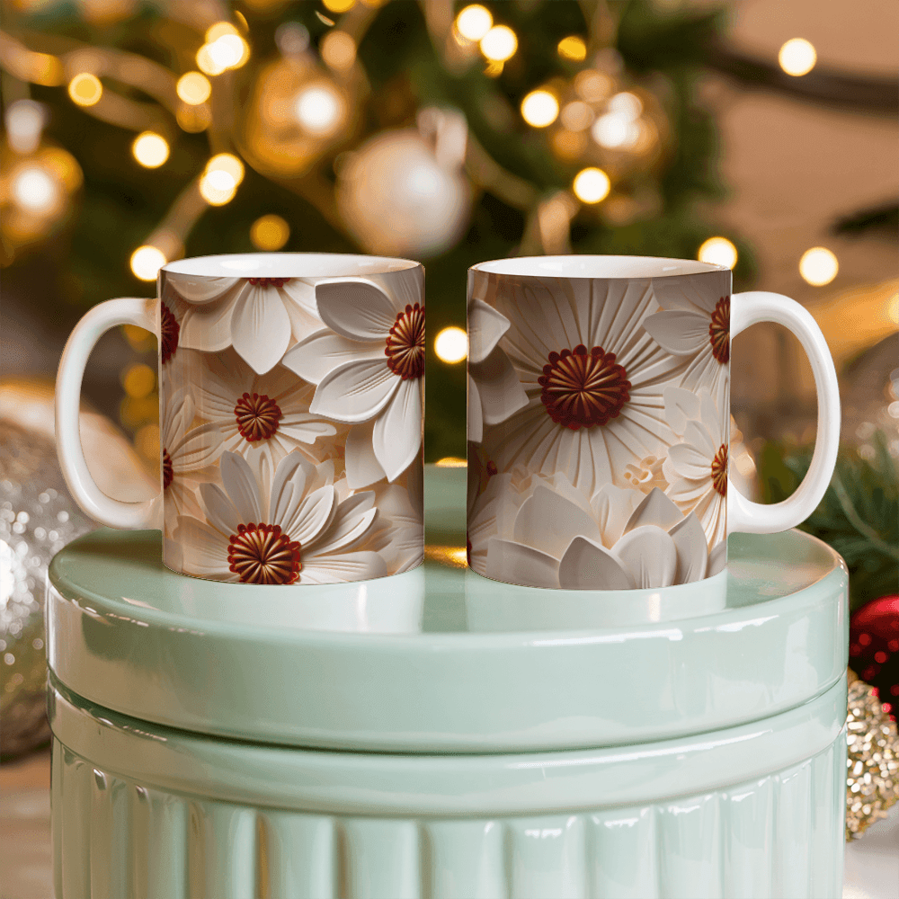 Beige Flower Design Mug - Ceramic Mug - The Shoppers Outlet