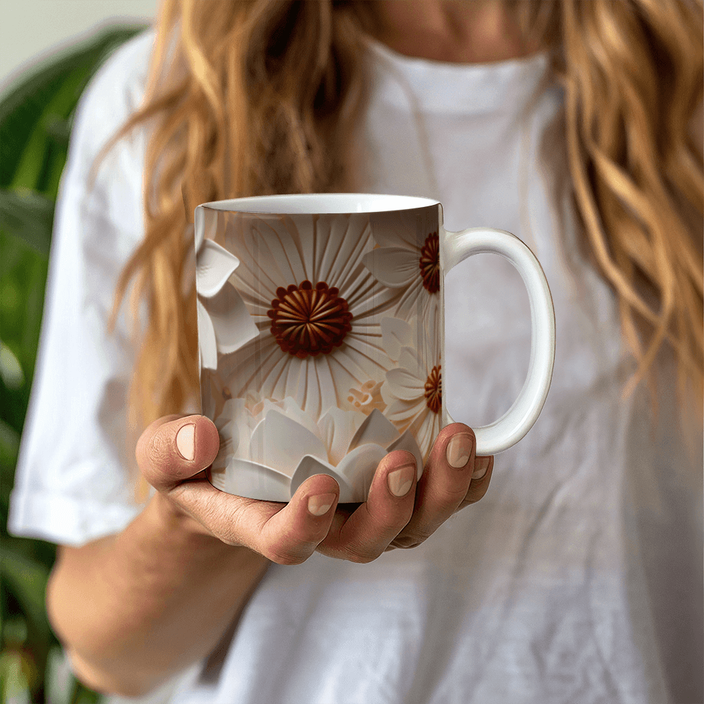 Beige Flower Design Mug - Ceramic Mug - The Shoppers Outlet