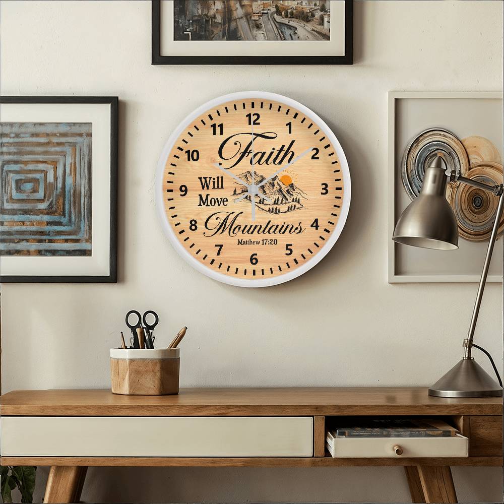 Faith - Faith Will Move Mountains - Matthew 17:20 - Woof Frame Wall Clock - The Shoppers Outlet