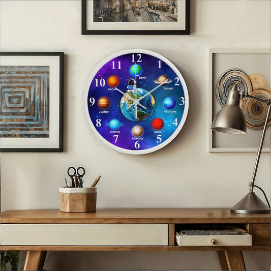 Planets In The Solar System - Wood Frame Wall Clock - The Shoppers Outlet