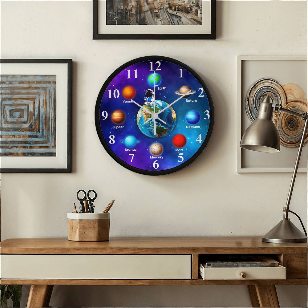 Planets In The Solar System - Wood Frame Wall Clock - The Shoppers Outlet