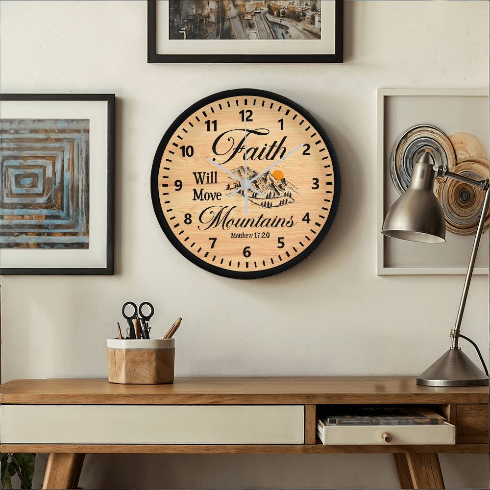 Faith - Faith Will Move Mountains - Matthew 17:20 - Woof Frame Wall Clock - The Shoppers Outlet