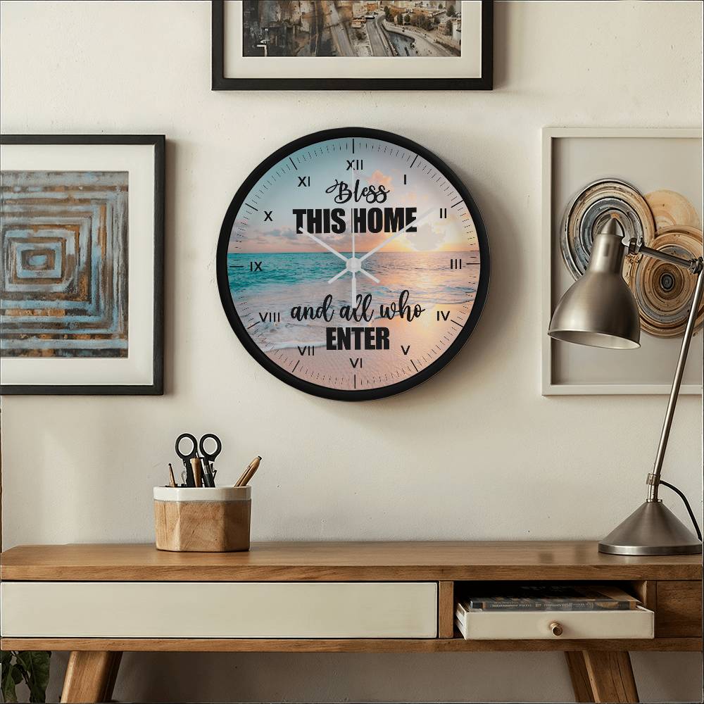 Inspirational - Bless This Home And All Who Enter - Wood Frame Wall Clock - The Shoppers Outlet