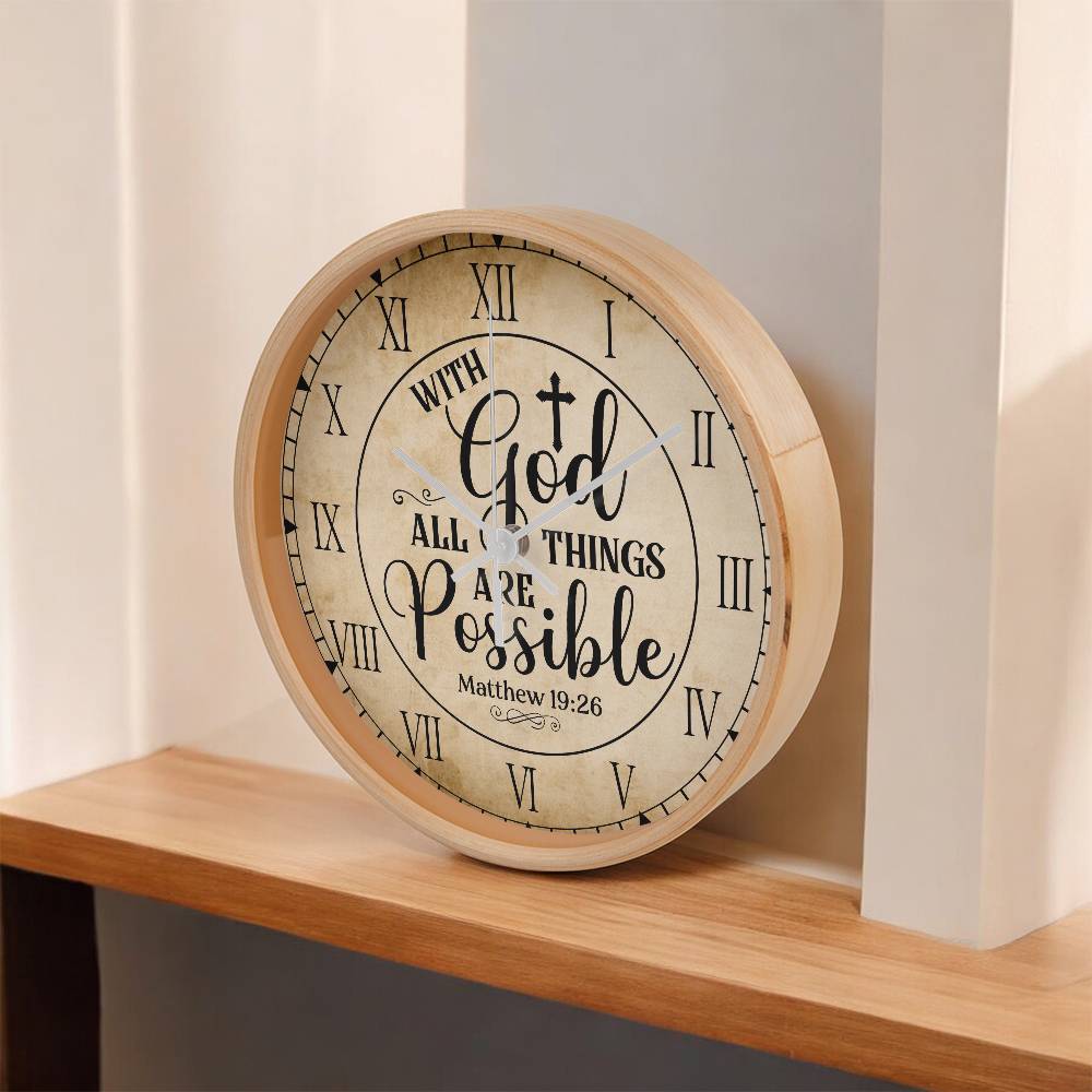 Faith - With God All Things Are Possible - Matthew 19:26 - Wood Frame Wall Clock - The Shoppers Outlet