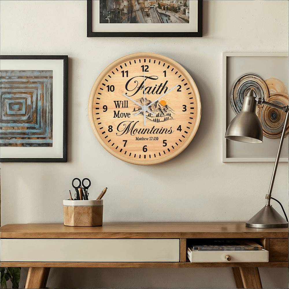 Faith - Faith Will Move Mountains - Matthew 17:20 - Woof Frame Wall Clock - The Shoppers Outlet