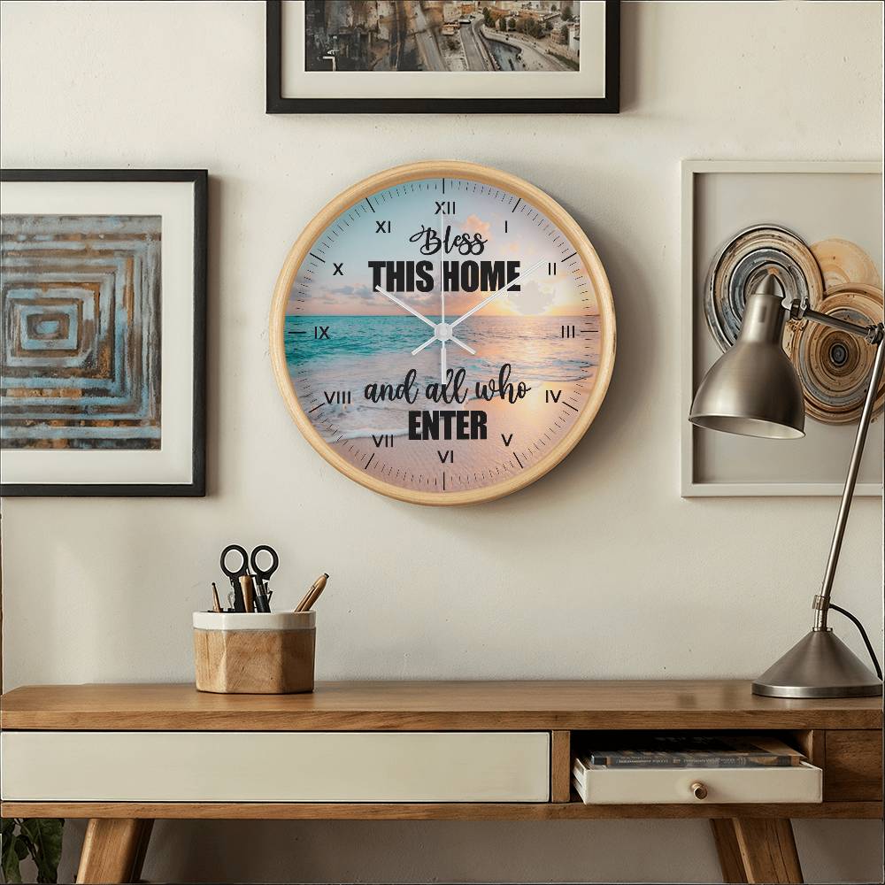 Inspirational - Bless This Home And All Who Enter - Wood Frame Wall Clock - The Shoppers Outlet