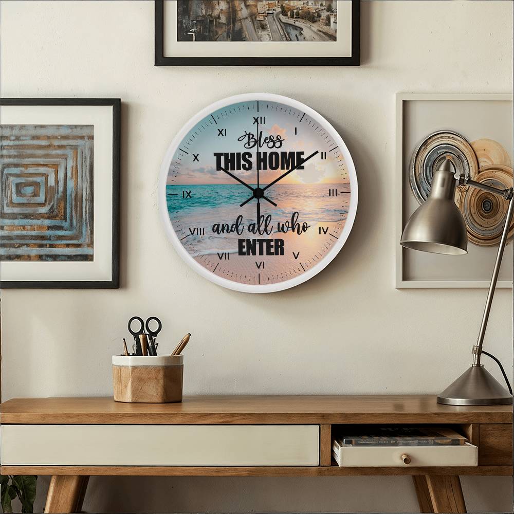 Inspirational - Bless This Home And All Who Enter - Wood Frame Wall Clock - The Shoppers Outlet