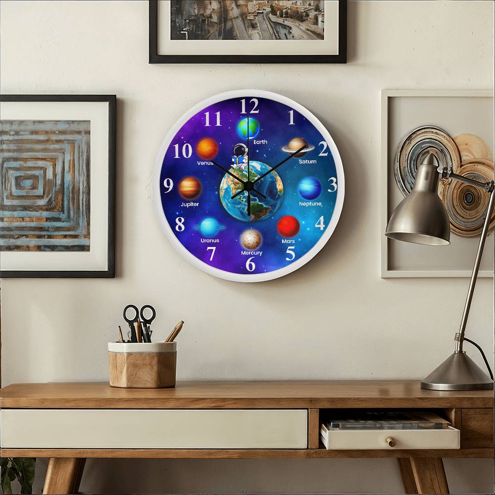 Planets In The Solar System - Wood Frame Wall Clock - The Shoppers Outlet