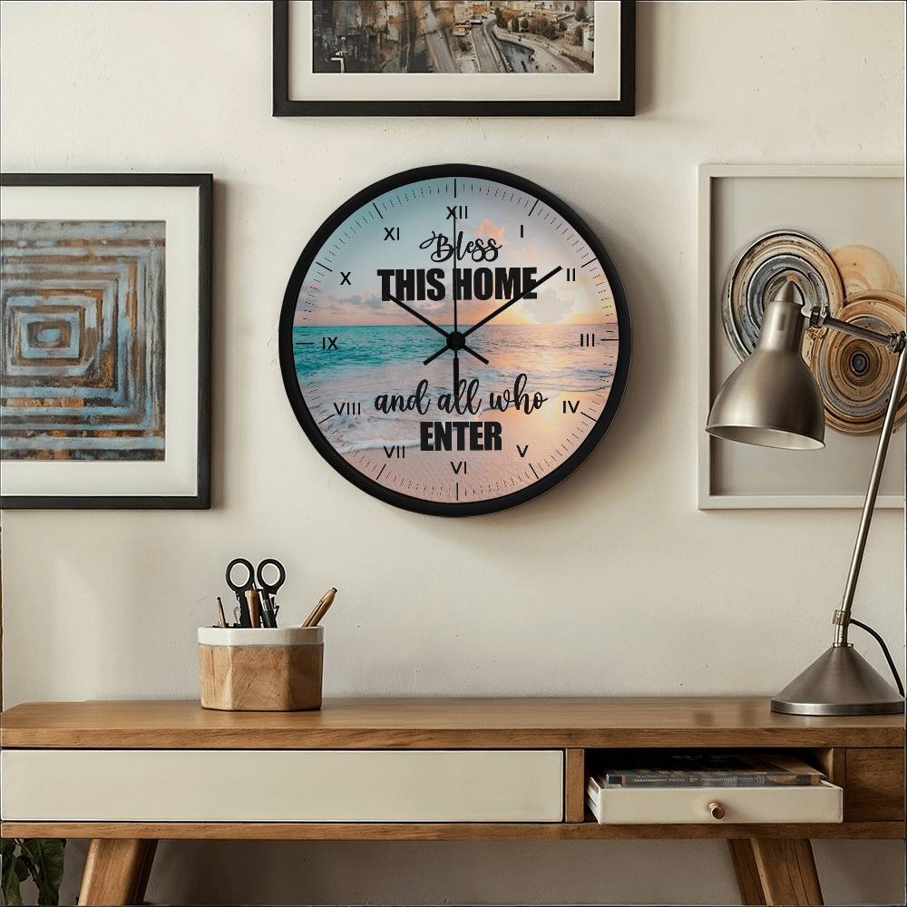 Inspirational - Bless This Home And All Who Enter - Wood Frame Wall Clock - The Shoppers Outlet