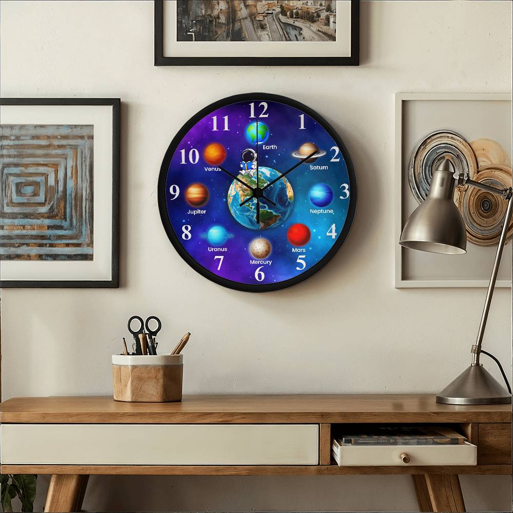 Planets In The Solar System - Wood Frame Wall Clock - The Shoppers Outlet