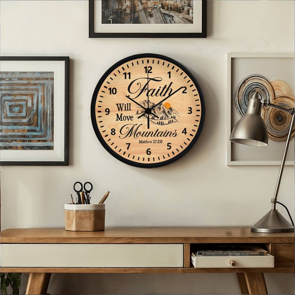 Faith - Faith Will Move Mountains - Matthew 17:20 - Woof Frame Wall Clock - The Shoppers Outlet