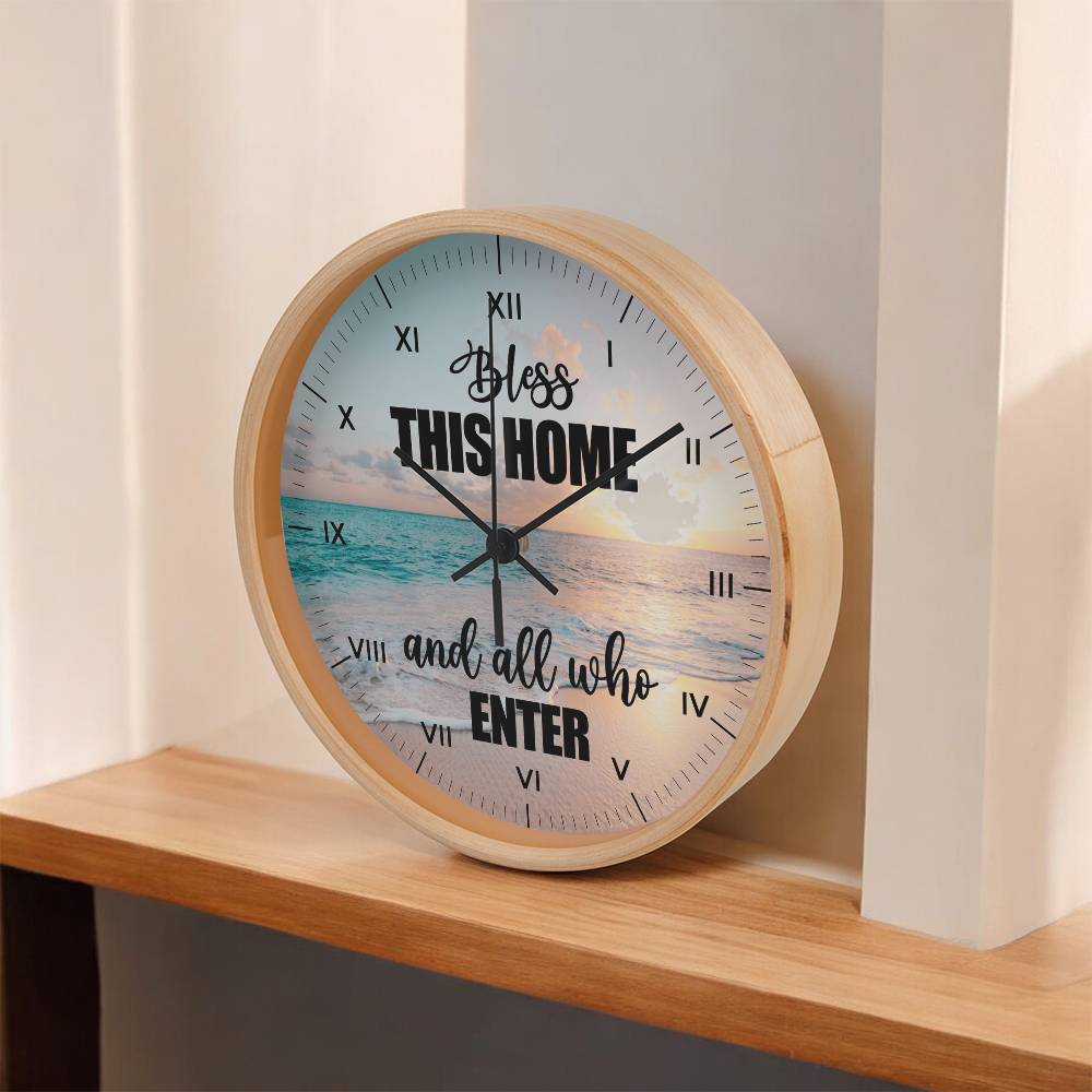 Inspirational - Bless This Home And All Who Enter - Wood Frame Wall Clock - The Shoppers Outlet