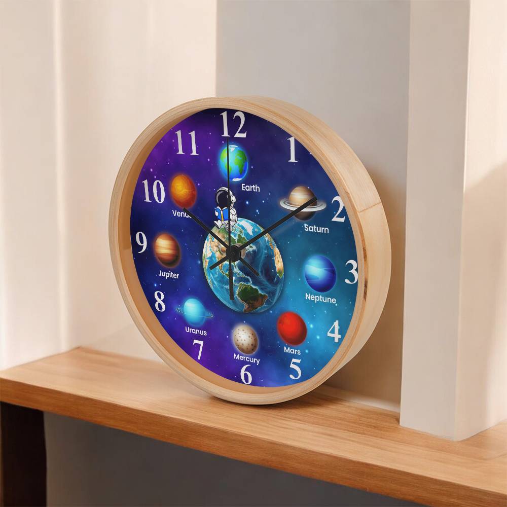 Planets In The Solar System - Wood Frame Wall Clock - The Shoppers Outlet