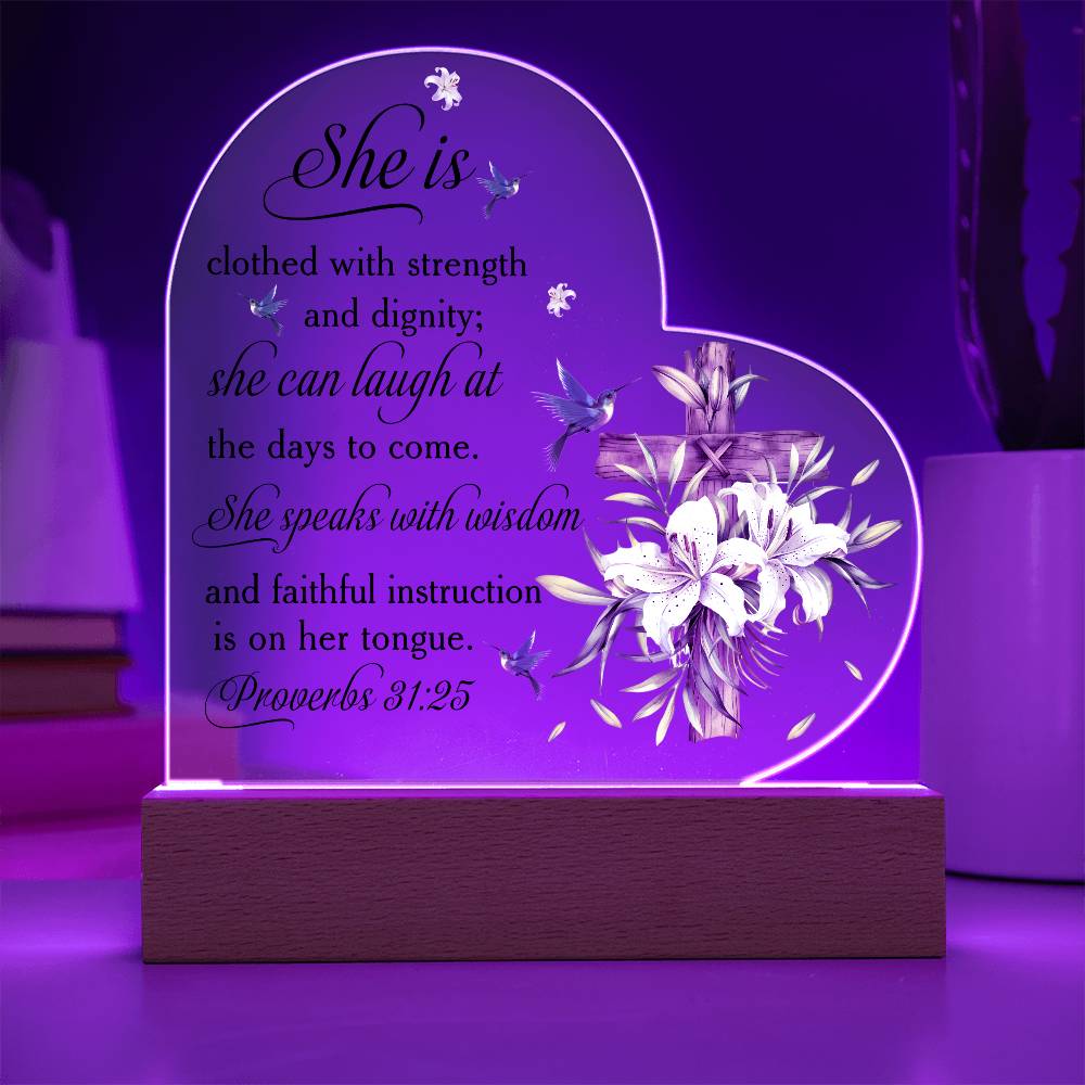 Faith - She Is Clothed And Dignity - Proverbs 31:25 - Heart Acrylic Plaque - The Shoppers Outlet