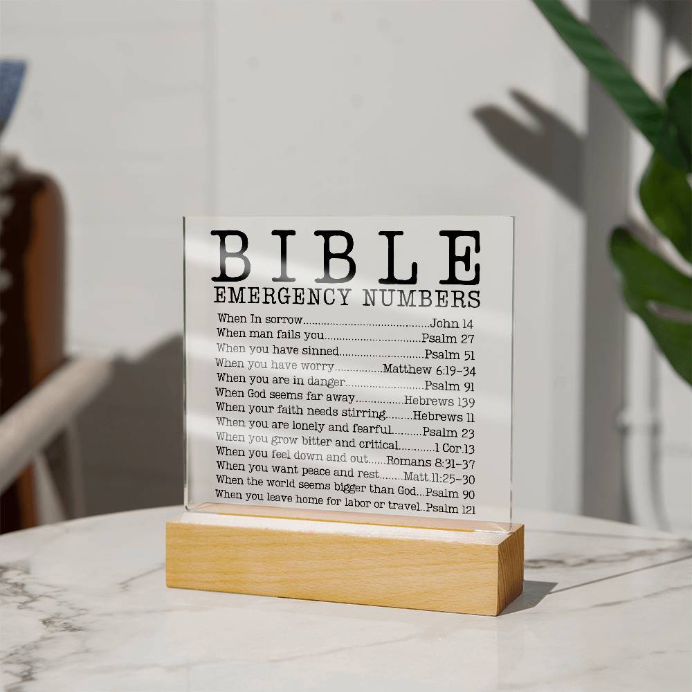 Faith - Bible Emergency Numbers - Square Acrylic Plaque - The Shoppers Outlet