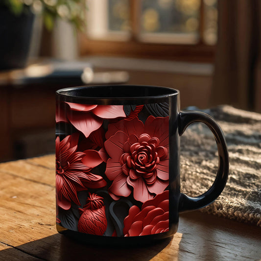 Red Black Flowers Design Mug - Ceramic Mug - The Shoppers Outlet