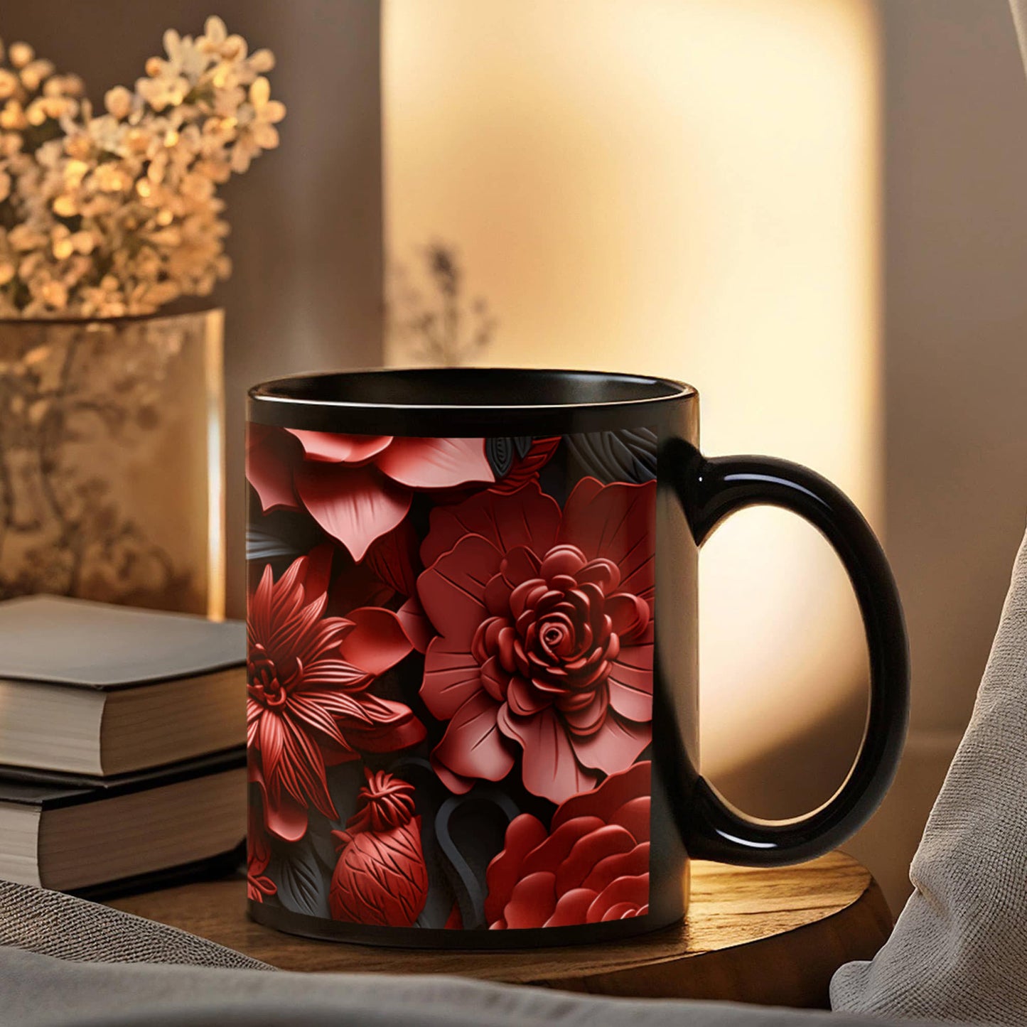 Red Black Flowers Design Mug - Ceramic Mug - The Shoppers Outlet