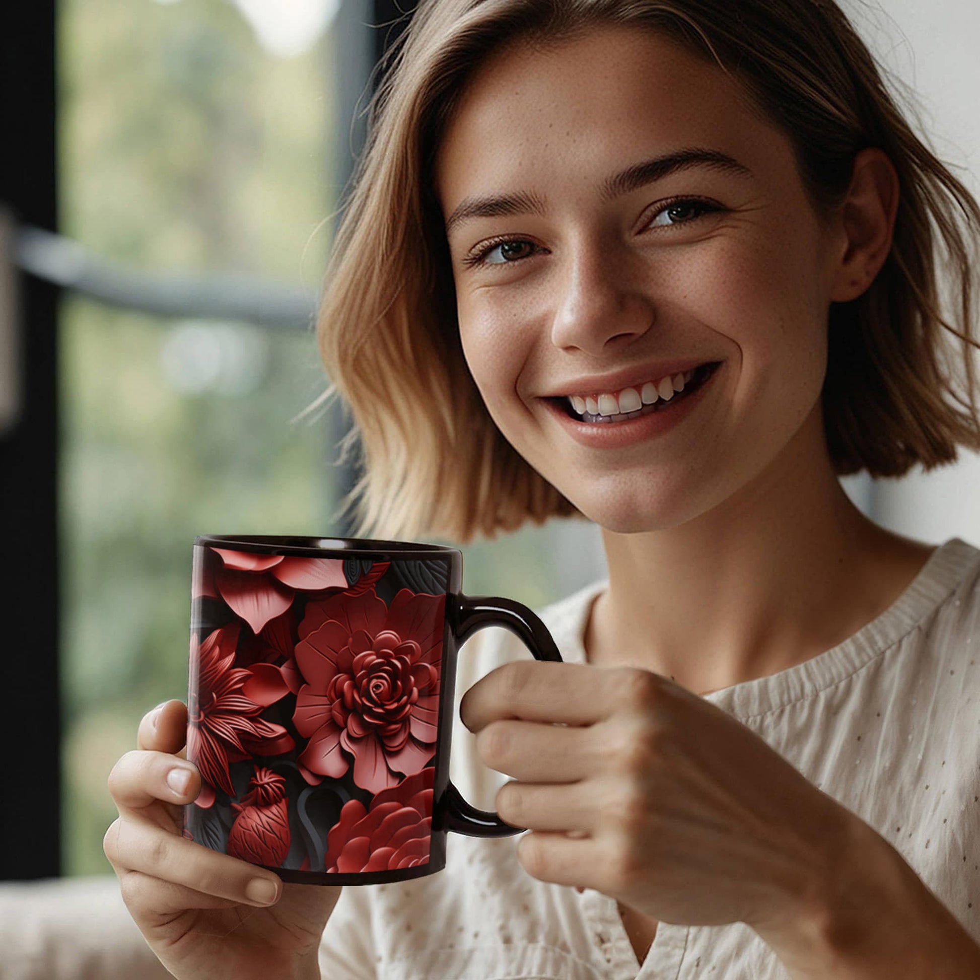 Red Black Flowers Design Mug - Ceramic Mug - The Shoppers Outlet