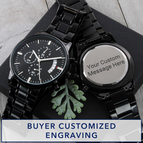 Buyer Customizable Engraved Black Chronograph Watch - The Shoppers Outlet